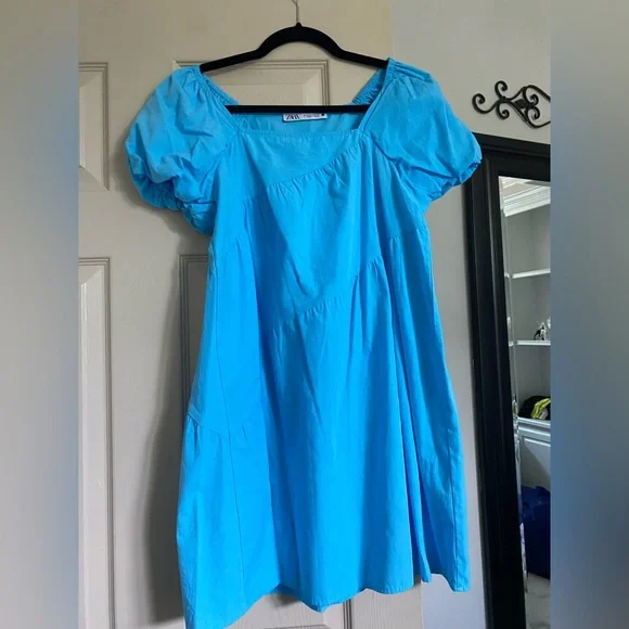 blue puff sleeve dress zara ZARA Puff Wrap Sleeve Dress Blue Metallic Party Holidays Mini ~ Medium New Nwt